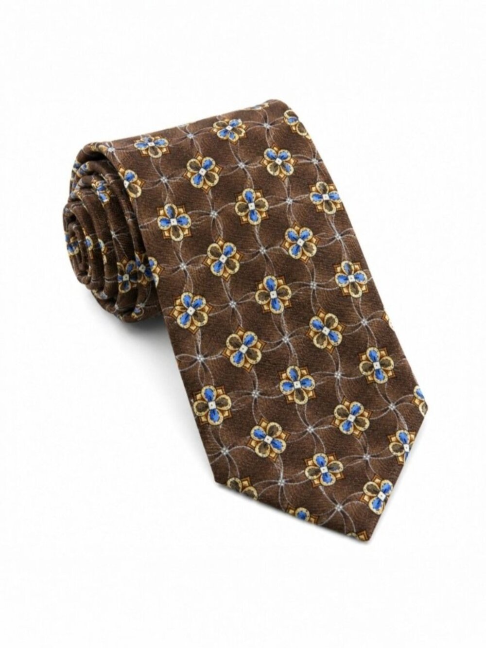 Meeting Street Vintage Silk Tie Brown Blue Gold Floral Medallion Woven Necktie